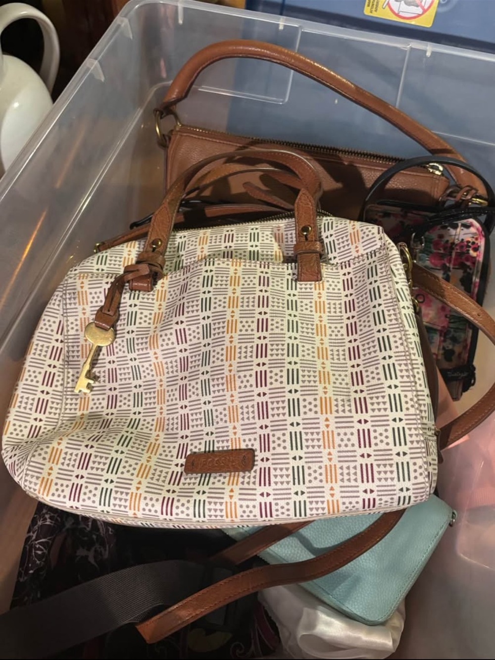 Fossil Cream Patterned Satchel with Brown Trim